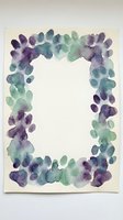 Watercolor rectangular frame with purple and teal abstract spots, soft blended tones on white background, copy space for text or design.