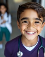 Young Hispanic boy wearing purple medical scrubs and stethoscope smiles brightly at camera, representing future healthcare aspirations and career dreams.