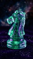 Translucent glass chess knight piece with green and purple neon lighting effects against cosmic starry background for strategic gaming concepts.