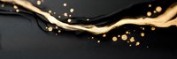 Luxurious gold liquid wave splashing with glowing particles on black background, abstract fluid motion design element for premium branding and packaging.