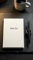 White notebook with hello text on dark slate surface beside elegant pen and coffee cup, minimal workspace flat lay.