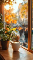 Cozy cappuccino cup with latte art on wooden windowsill next to potted plant, autumn golden sunset light creating warm atmosphere through window glass.