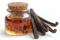 Vanilla extract in glass bottle with cork stopper and fresh vanilla beans isolated on white background, ready for culinary and cosmetic design applications.