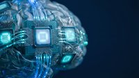 Digital brain with glowing circuit patterns and microchips representing artificial intelligence and neural networks in futuristic technology concept.