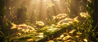 Sunlight streaming through forest floor with fallen autumn leaves and moss-covered log creating magical golden hour atmosphere in woodland setting.