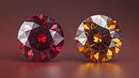 Round brilliant cut gemstones in red and cognac colors with faceted surfaces reflecting light on dark background, luxury jewelry concept for design projects.