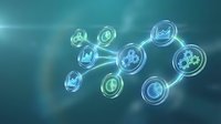Digital network of glowing interconnected nodes with financial and technology icons, representing data connectivity, blockchain, cryptocurrency, and global business communication systems.