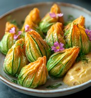 Fresh stuffed zucchini flowers with creamy sauce garnished with purple edible flowers and herbs on ceramic plate, macro food photography in natural light.