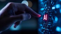 Finger touching glowing AI text on futuristic digital interface with network connections and blue bokeh lights in dark background, modern technology concept.