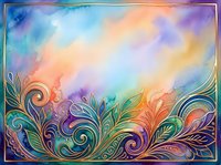 Vibrant watercolor gradient background with ornamental swirling foliage borders in rainbow hues, suitable for design projects, presentations, and creative artwork applications.