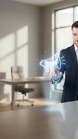 Professional businessman in dark suit touching holographic megaphone icon in modern office space with natural lighting for digital marketing concepts.