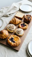 Assorted fresh pastries on a wooden board, including croissants, cinnamon rolls, fruit danishes, brioche, and babka for a bakery brunch spread.