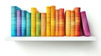 Rainbow colored hardcover books arranged in row on white shelf, spines showing gradient from blue through yellow and orange to purple, creating decorative display.
