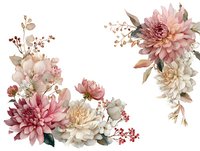 Elegant floral corner arrangement with pink dahlias, white peonies, and delicate berries on white background, perfect for wedding invitations and greeting cards.