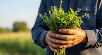 Farmer holding fresh harvested carrots with green leafy tops in hands outdoors in field, agriculture and organic produce concept.