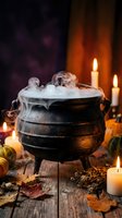 Mystical cauldron with smoking potion surrounded by glowing candles and autumn leaves creates atmospheric Halloween witchcraft scene for seasonal decorations.