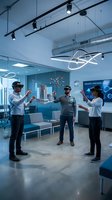 Business team using virtual reality headsets for architectural visualization in modern office with holographic building model and futuristic workspace design.