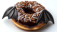 Dark chocolate glazed donut with bat wings and orange sprinkles on white background, Halloween themed pastry isolated for seasonal menu design and food marketing.