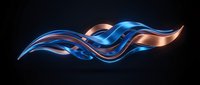 Abstract flowing ribbons in blue and copper metallic colors creating dynamic wave motion against dark background for modern digital design projects.