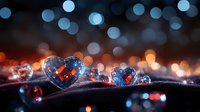 Crystal heart shapes with orange and blue bokeh lights creating romantic atmosphere on dark background, macro photography with water drops and reflections.