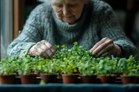 Senior woman in cozy sweater carefully tending to green seedlings in small pots, nurturing young plants for spring gardening and sustainable growing at home.