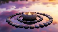 Zen meditation stones arranged in spiral pattern with glowing candle at center during peaceful sunset creating spiritual harmony and mindfulness atmosphere.