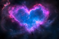 Heart-shaped cosmic nebula glowing in vibrant pink and blue hues against starry space background, celestial formation with luminous gas clouds and stellar dust.
