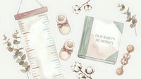Watercolor baby milestone collection with growth chart, shoes, memory book and eucalyptus branches on neutral background for nursery decor.