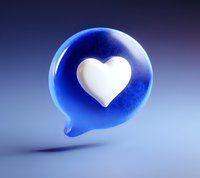 White heart shape inside blue glossy speech bubble on gradient background, modern minimal design for social media and communication concepts.