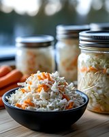 Fresh homemade sauerkraut with shredded carrots served in black ceramic bowl, glass mason jars of fermented cabbage on wooden table, natural probiotics.