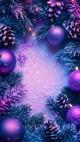 Purple Christmas ornaments and frosted pine cones frame magical snowy background with spruce branches in violet and blue tones creating festive winter mood.