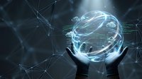 Hands holding glowing digital globe with network connections and data streams, representing global technology, artificial intelligence, and digital transformation for business solutions.