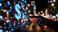 Digital dollar sign hologram with data streams activated by finger touch against blurred city lights background for fintech and banking applications.