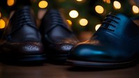 Elegant men's leather oxford shoes with brogue details against blurred bokeh lights background, showcasing luxury footwear craftsmanship and formal style.