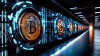 Glowing cryptocurrency symbols in dark futuristic corridor with neon blue lights and reflective floor creating perspective view of digital finance concept.