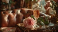 Elegant champagne flute with golden bubbles beside soft pink rose on ornate vintage tray, romantic luxury celebration setting with warm bokeh lighting.