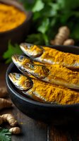 Fresh sardines coated with turmeric in black bowl with ginger root and herbs on wooden background, traditional Asian cooking ingredients.