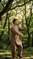 Asian woman practicing tai chi in peaceful forest setting with dappled sunlight filtering through green trees for wellness and mindfulness activities.