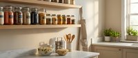 Organized kitchen shelving with glass jars containing dried goods, pasta, and spices arranged neatly on wooden shelves above a countertop with utensil holder and potted plants by window.