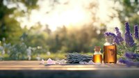 Aromatic lavender essential oil bottles with dried herbs on wooden table at sunset, perfect for wellness and aromatherapy designs.