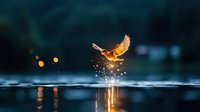 Kingfisher emerging from water with sparkling droplets, golden wings spread against dark blue background, dramatic reflection on calm lake surface at dusk.