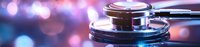 Medical stethoscope on reflective surface with purple and blue bokeh lights creating professional healthcare atmosphere for medical presentations.