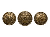 Vintage commemorative coins featuring eagle emblem, denomination markings, and ornamental borders isolated on white background, suitable for numismatic collections, historical education, and design projects.