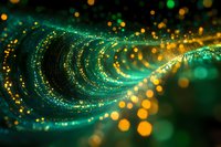 Abstract wave of glowing green and gold particles with bokeh effect on dark background, creating magical cosmic atmosphere.