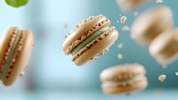 Floating beige macarons with pistachio cream filling against blue background, with crumbs scattered in dynamic composition. Food photography for pastry advertising.