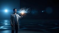 Young businessman holding glowing network connections in futuristic digital environment with blue lighting effects for technology presentations.