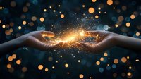 Magical hands creating cosmic energy with glowing golden particles and light sparks against dark bokeh background.