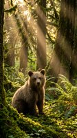 Brown bear cub sitting in lush forest with tall trees, moss, and ferns, sunlight filtering through canopy, wildlife and nature photography.
