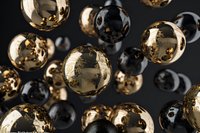 Luxurious golden and black spheres floating in space creating elegant abstract composition for premium design projects and sophisticated branding materials.