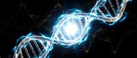 Glowing DNA double helix structure with bright light core against dark background with golden particles for science and biotechnology concepts.